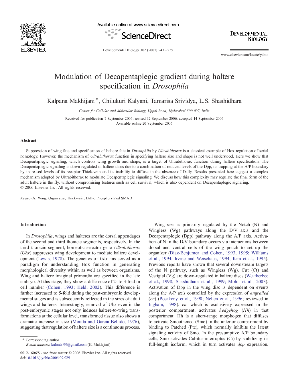 Modulation of Decapentaplegic gradient during haltere specification in Drosophila