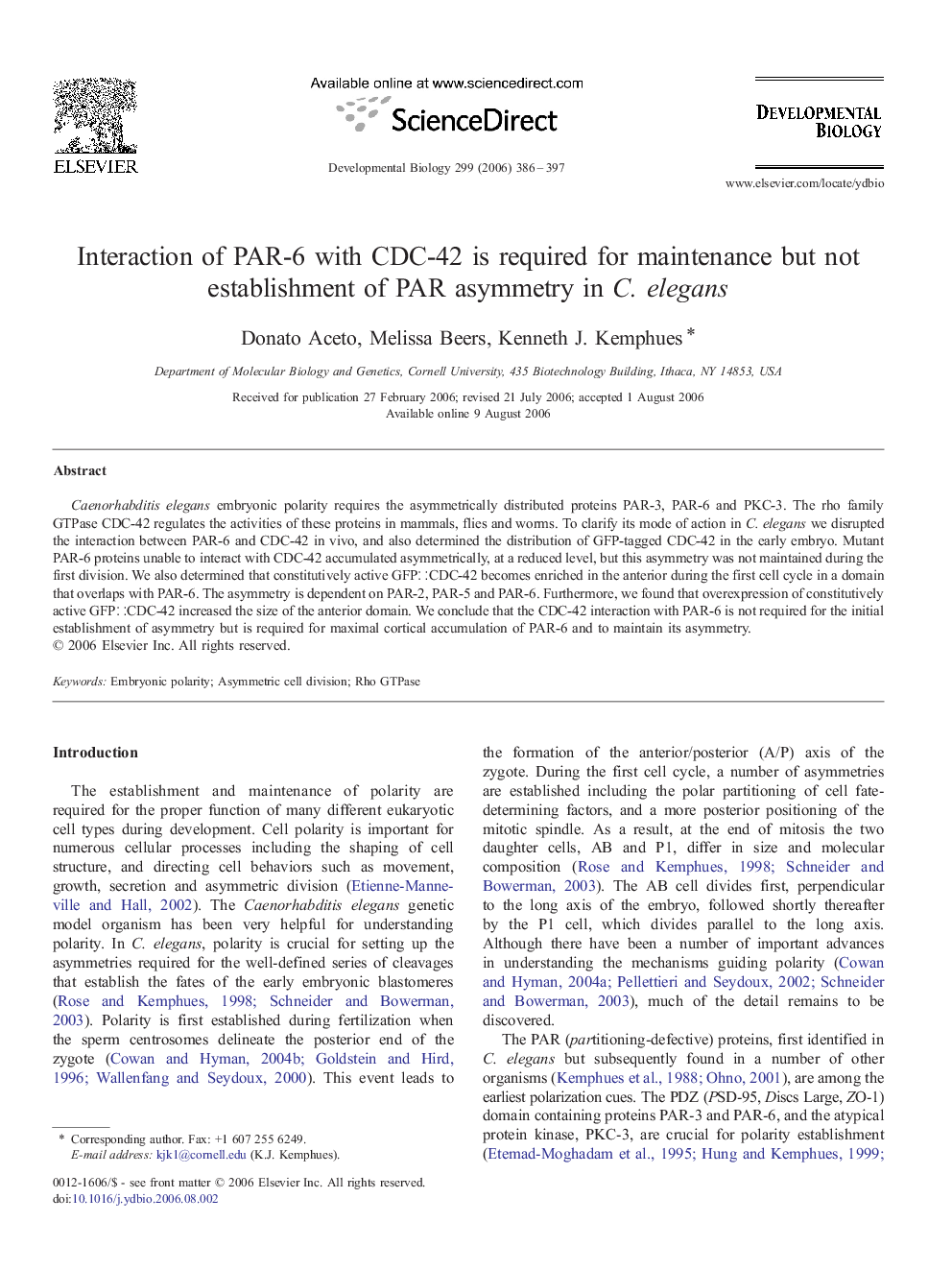 Interaction of PAR-6 with CDC-42 is required for maintenance but not establishment of PAR asymmetry in C. elegans