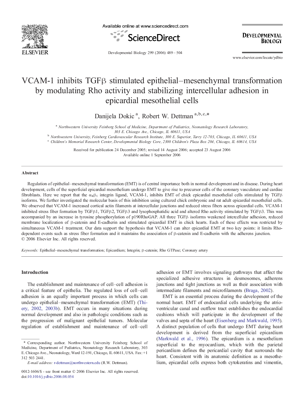 VCAM-1 inhibits TGFÎ² stimulated epithelial-mesenchymal transformation by modulating Rho activity and stabilizing intercellular adhesion in epicardial mesothelial cells