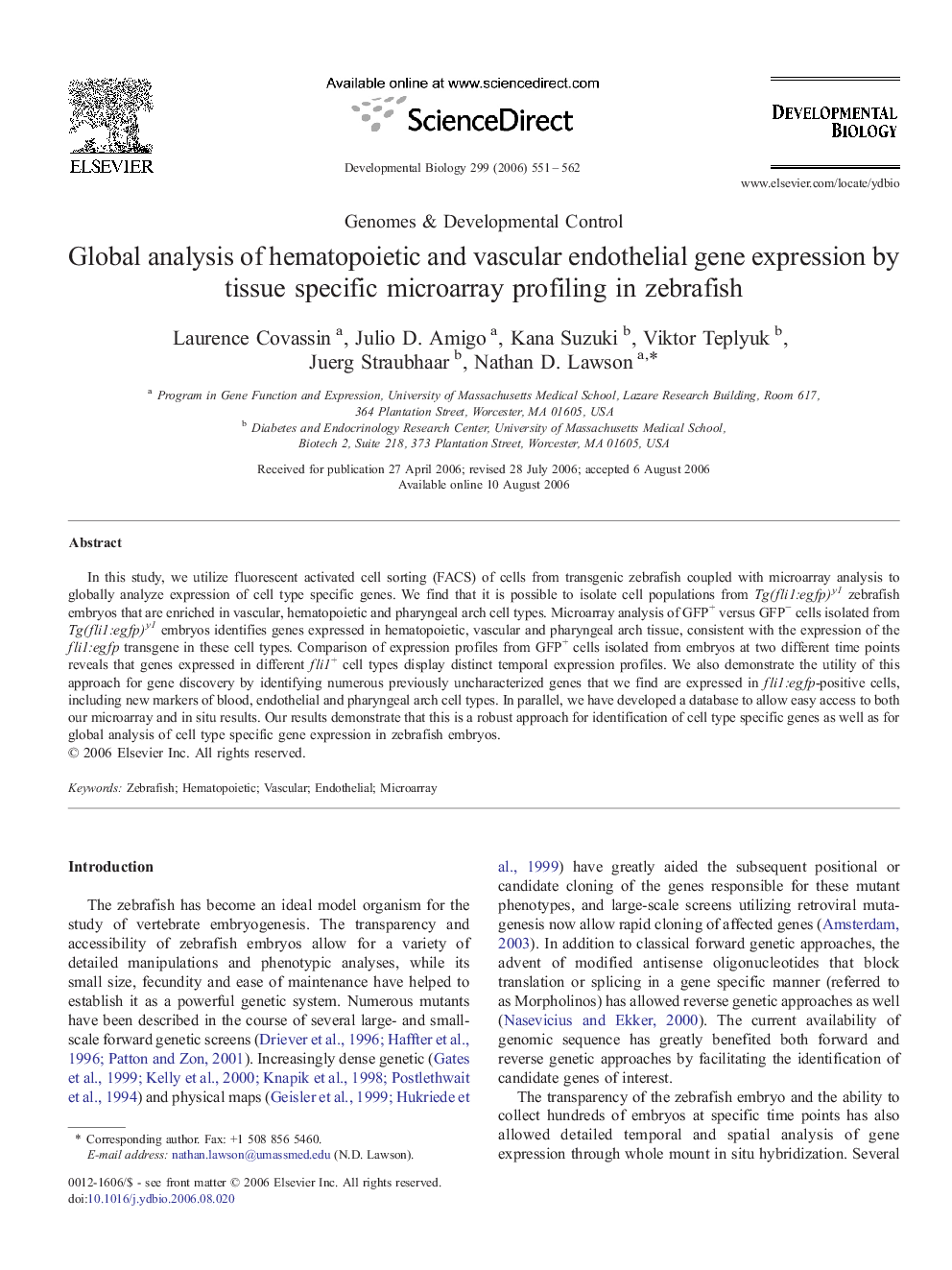 Global analysis of hematopoietic and vascular endothelial gene expression by tissue specific microarray profiling in zebrafish