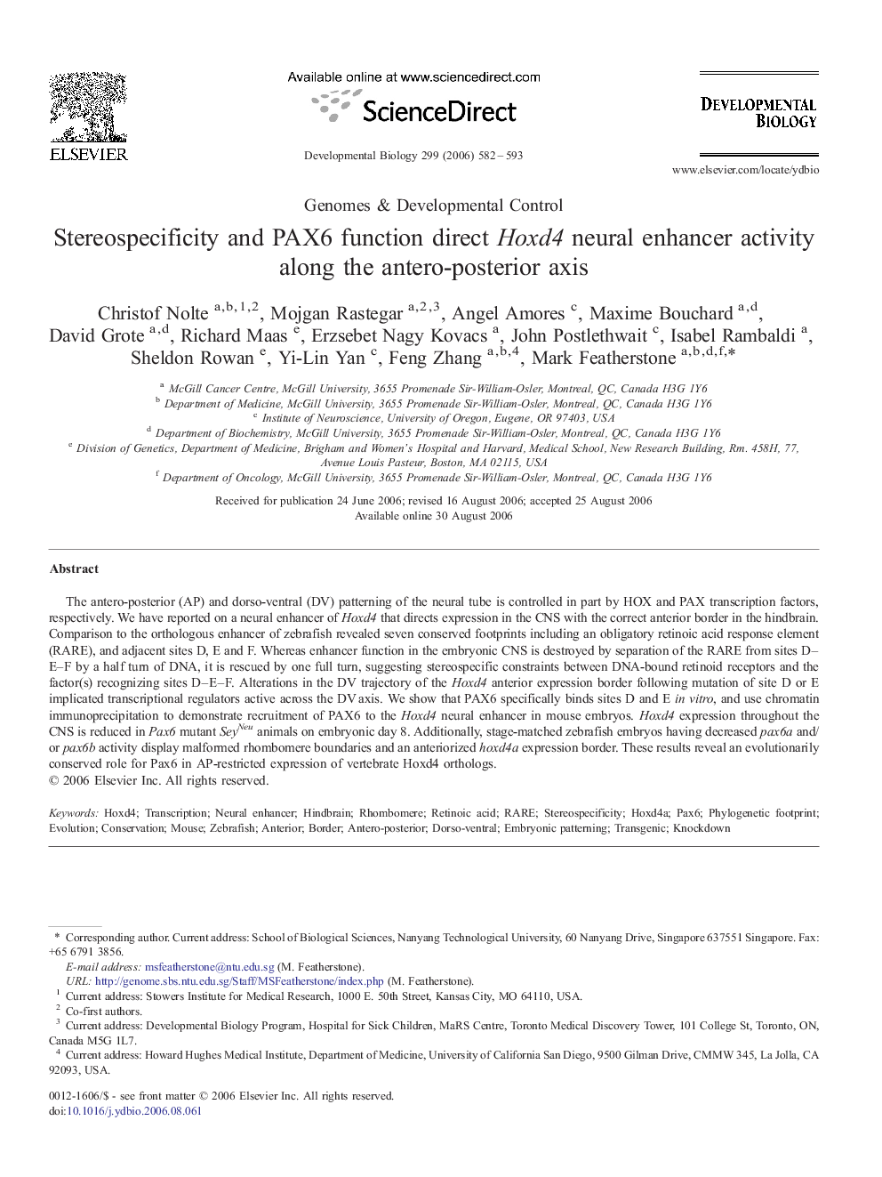 Stereospecificity and PAX6 function direct Hoxd4 neural enhancer activity along the antero-posterior axis