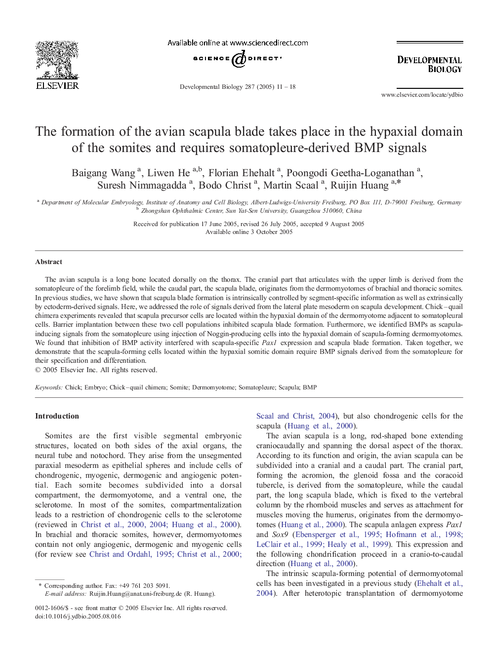 The formation of the avian scapula blade takes place in the hypaxial domain of the somites and requires somatopleure-derived BMP signals