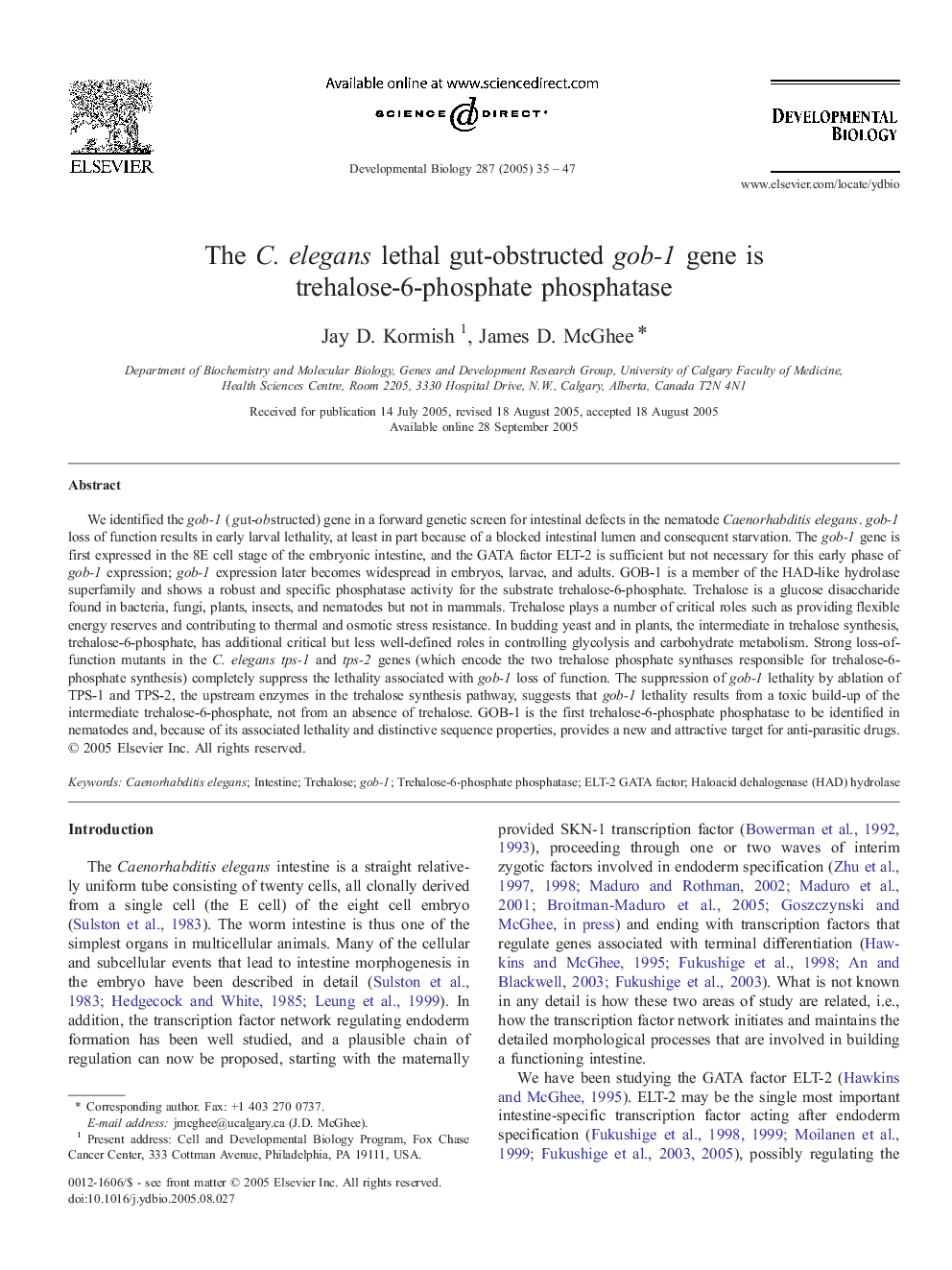 The C. elegans lethal gut-obstructed gob-1 gene is trehalose-6-phosphate phosphatase