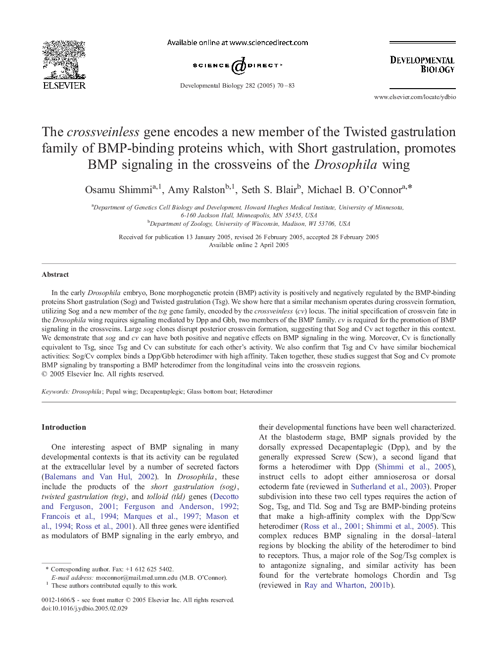 The crossveinless gene encodes a new member of the Twisted gastrulation family of BMP-binding proteins which, with Short gastrulation, promotes BMP signaling in the crossveins of the Drosophila wing