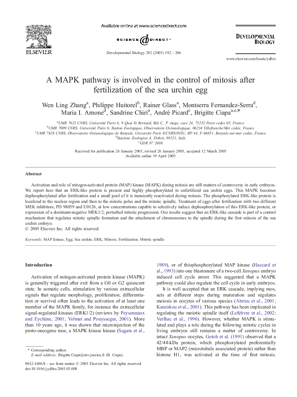 A MAPK pathway is involved in the control of mitosis after fertilization of the sea urchin egg