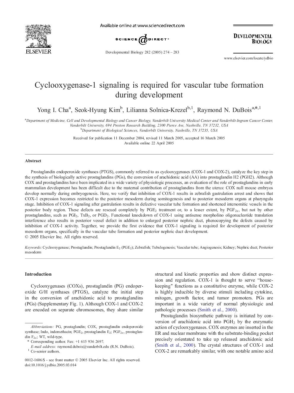 Cyclooxygenase-1 signaling is required for vascular tube formation during development