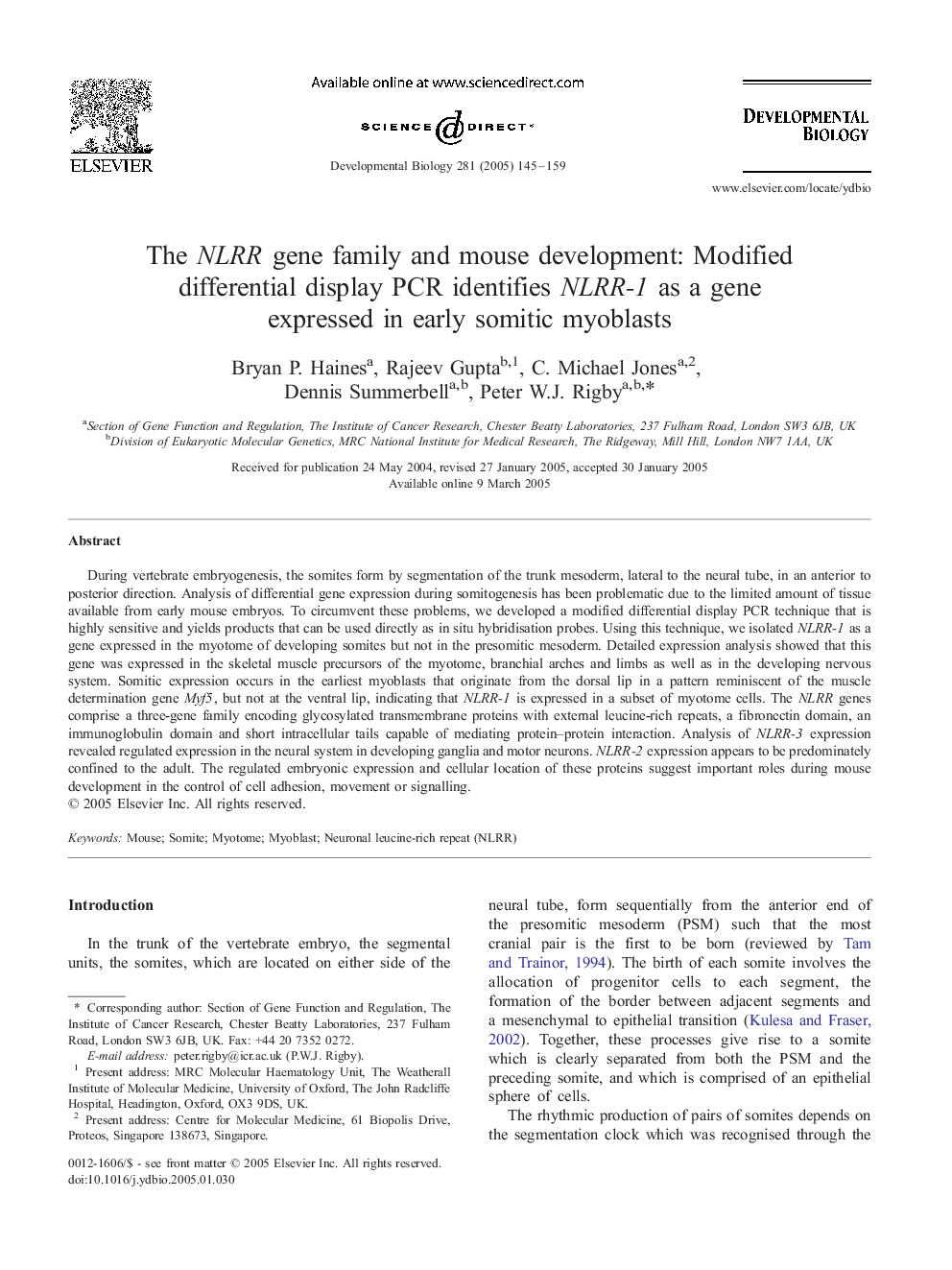 The NLRR gene family and mouse development: Modified differential display PCR identifies NLRR-1 as a gene expressed in early somitic myoblasts