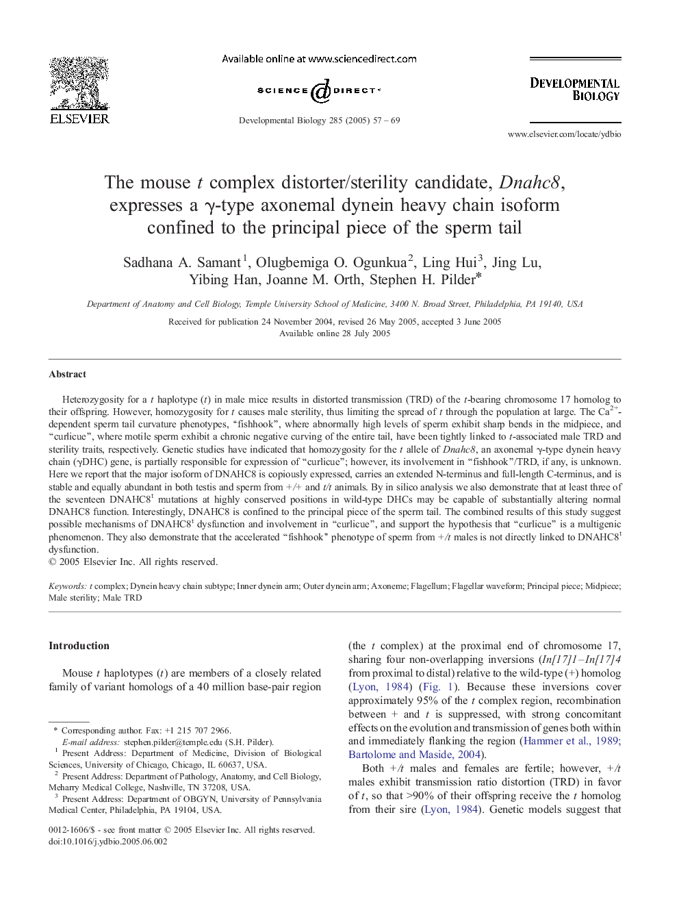 The mouse t complex distorter/sterility candidate, Dnahc8, expresses a Î³-type axonemal dynein heavy chain isoform confined to the principal piece of the sperm tail