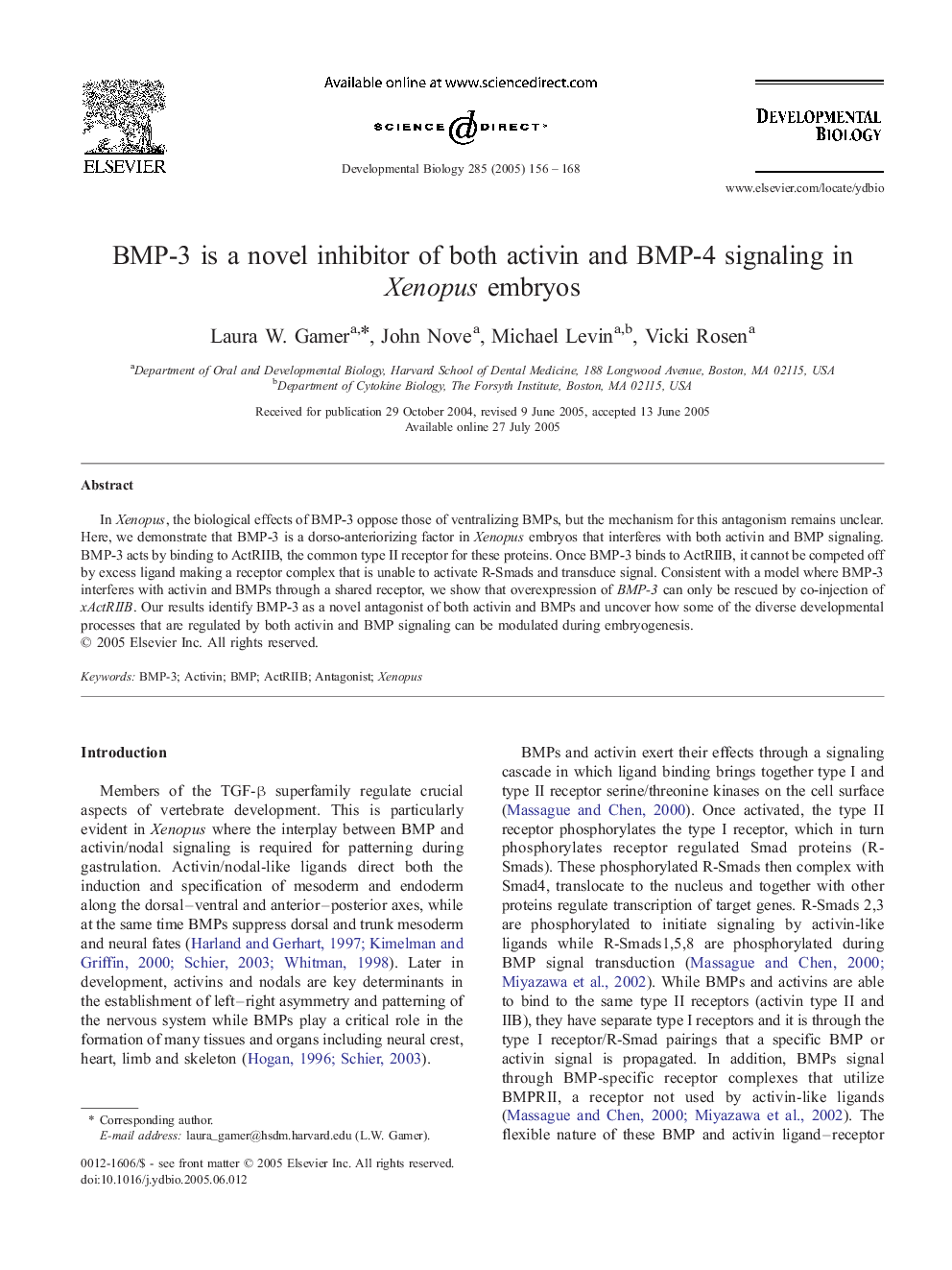 BMP-3 is a novel inhibitor of both activin and BMP-4 signaling in Xenopus embryos