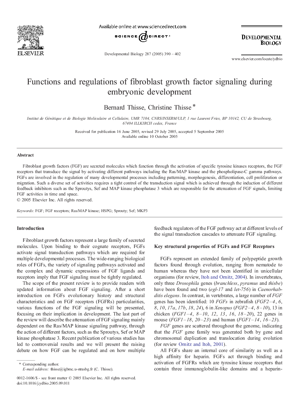 Functions and regulations of fibroblast growth factor signaling during embryonic development