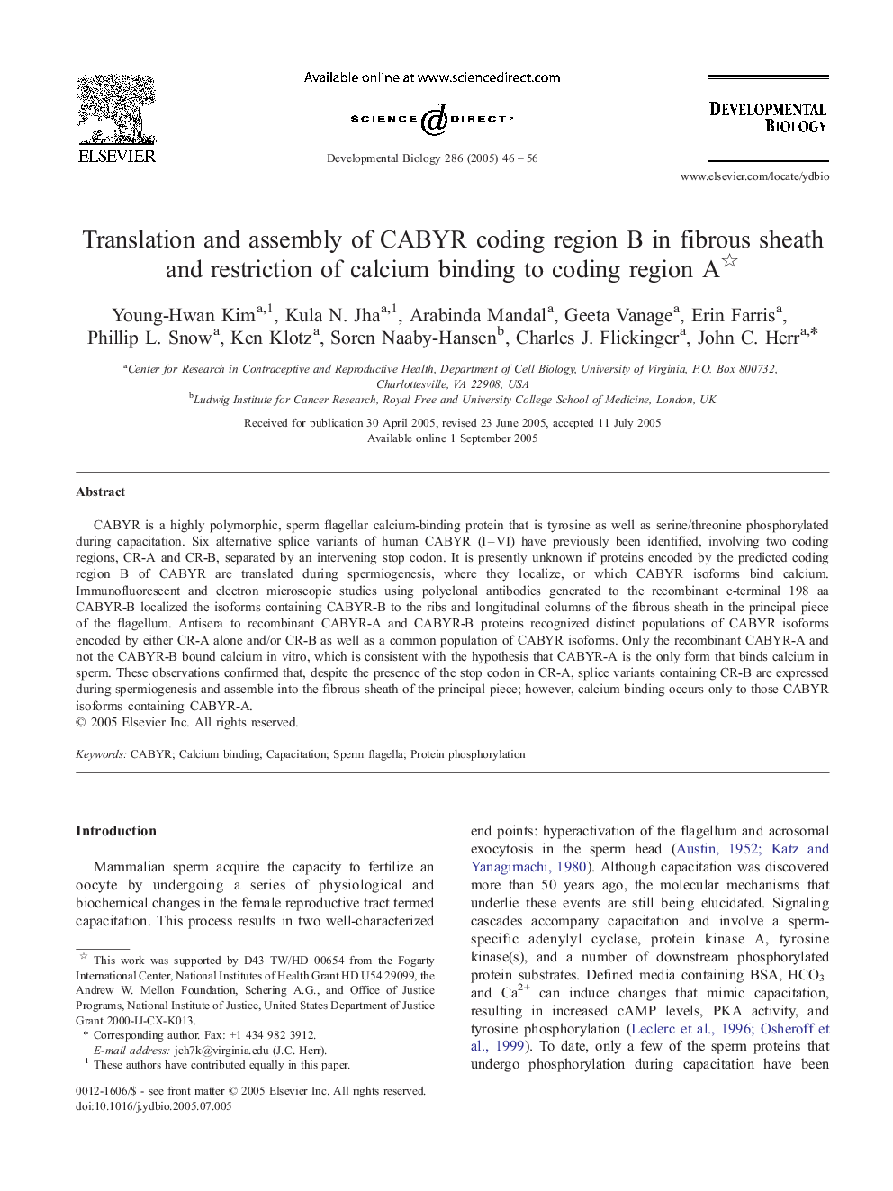 Translation and assembly of CABYR coding region B in fibrous sheath and restriction of calcium binding to coding region A