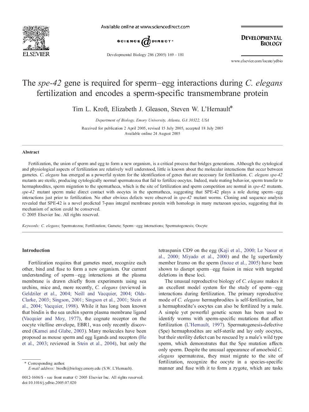 The spe-42 gene is required for sperm-egg interactions during C. elegans fertilization and encodes a sperm-specific transmembrane protein