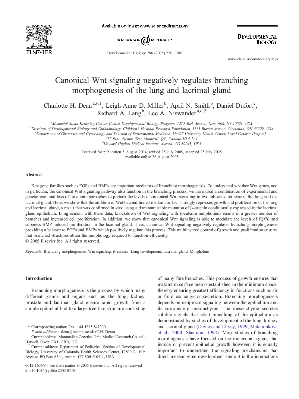 Canonical Wnt signaling negatively regulates branching morphogenesis of the lung and lacrimal gland