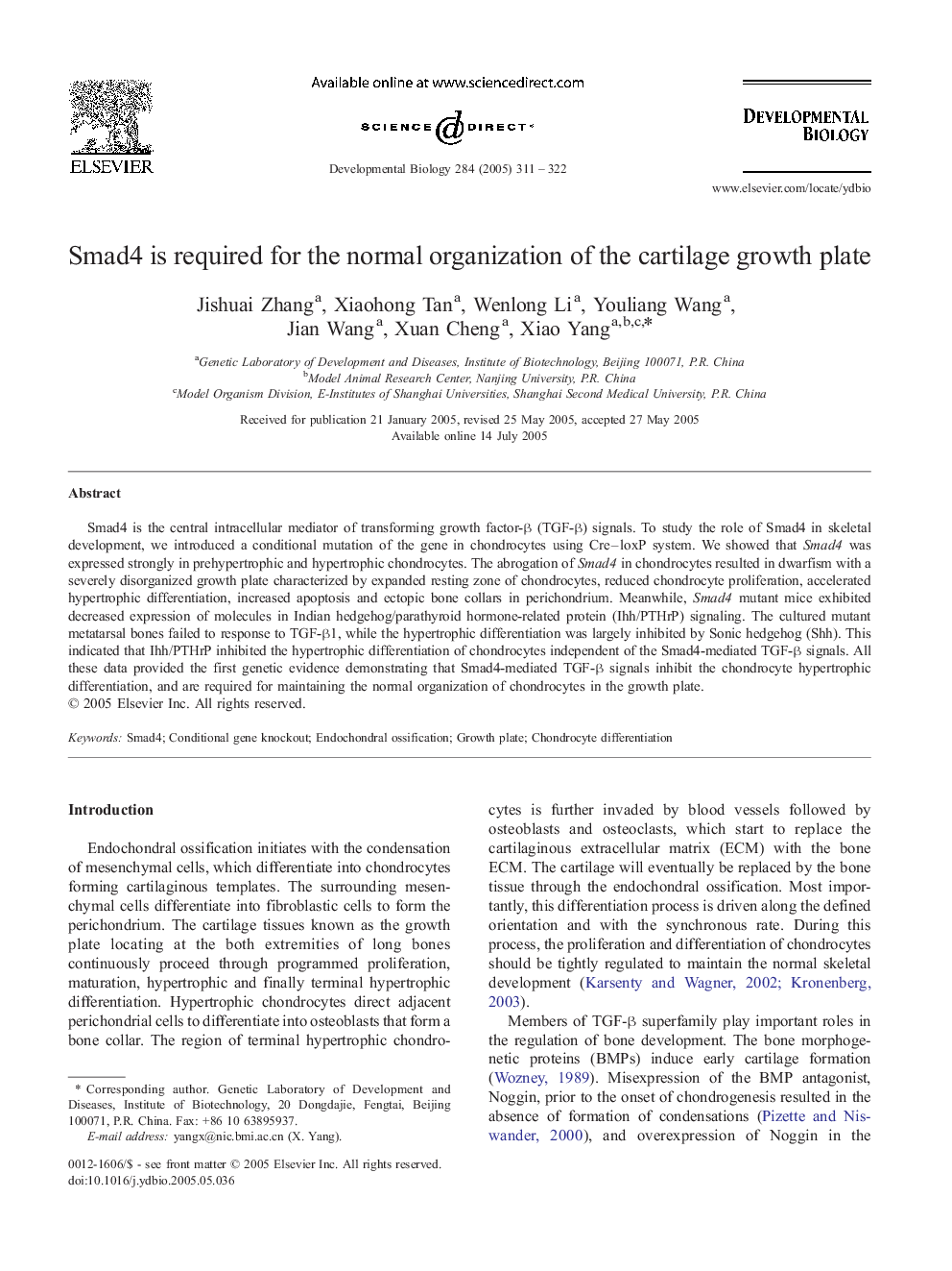 Smad4 is required for the normal organization of the cartilage growth plate