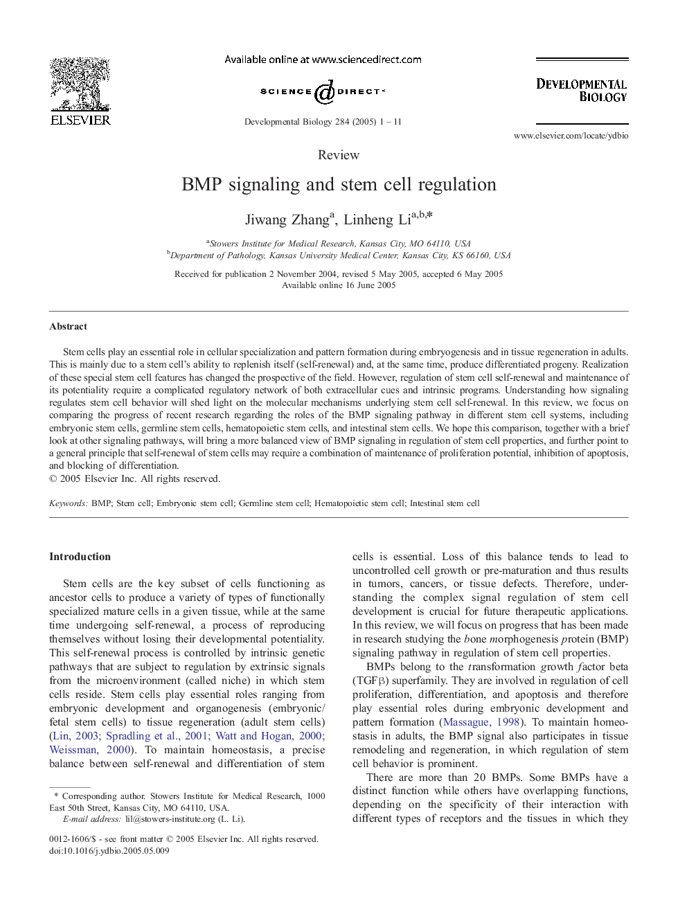 BMP signaling and stem cell regulation