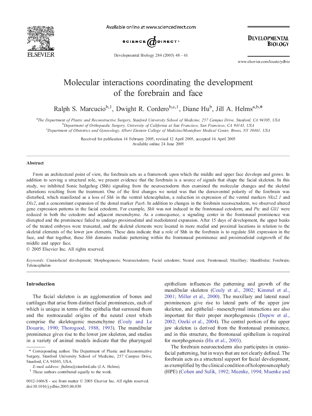 Molecular interactions coordinating the development of the forebrain and face