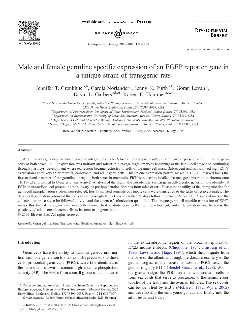 Male and female germline specific expression of an EGFP reporter gene in a unique strain of transgenic rats