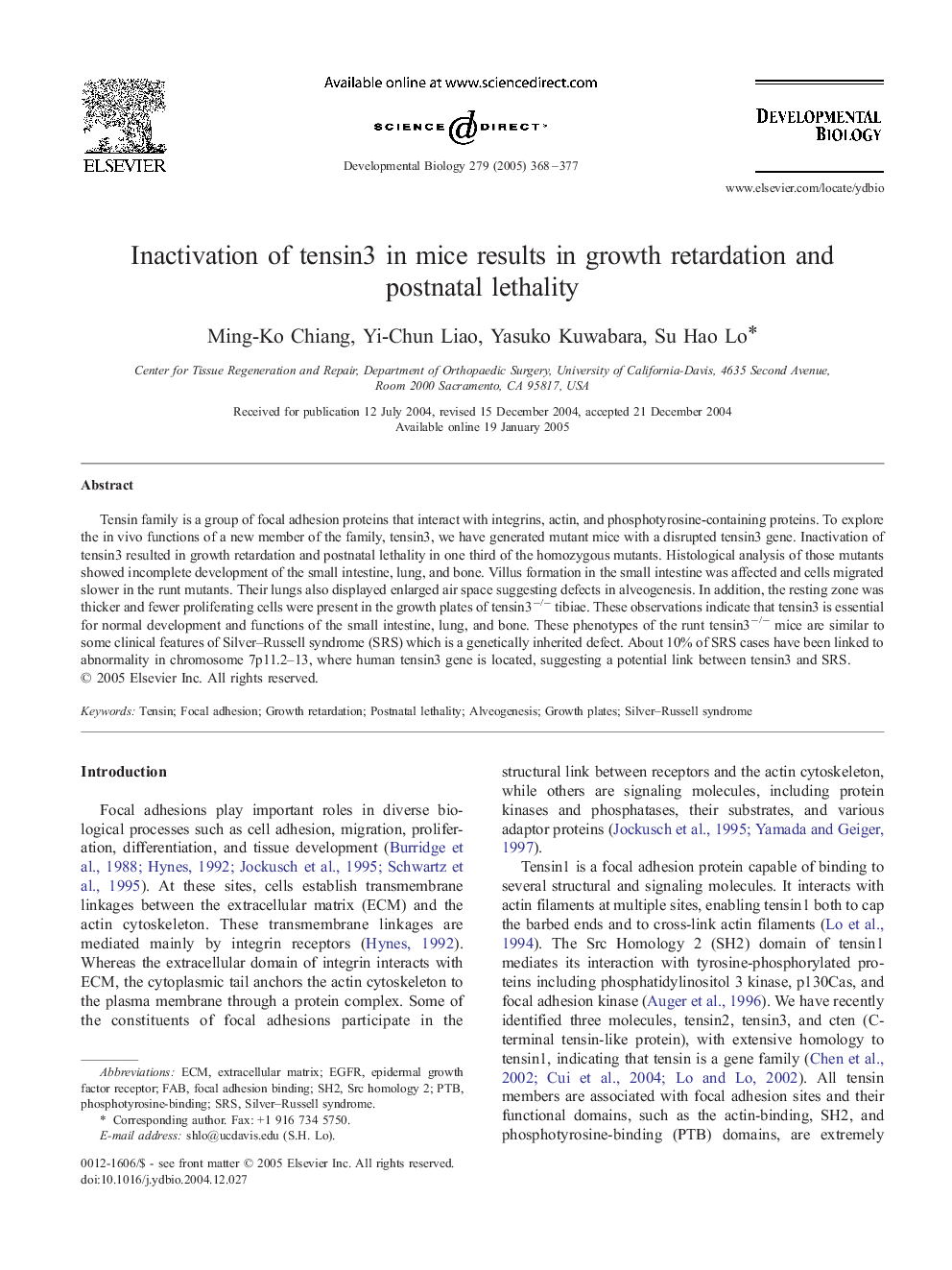 Inactivation of tensin3 in mice results in growth retardation and postnatal lethality