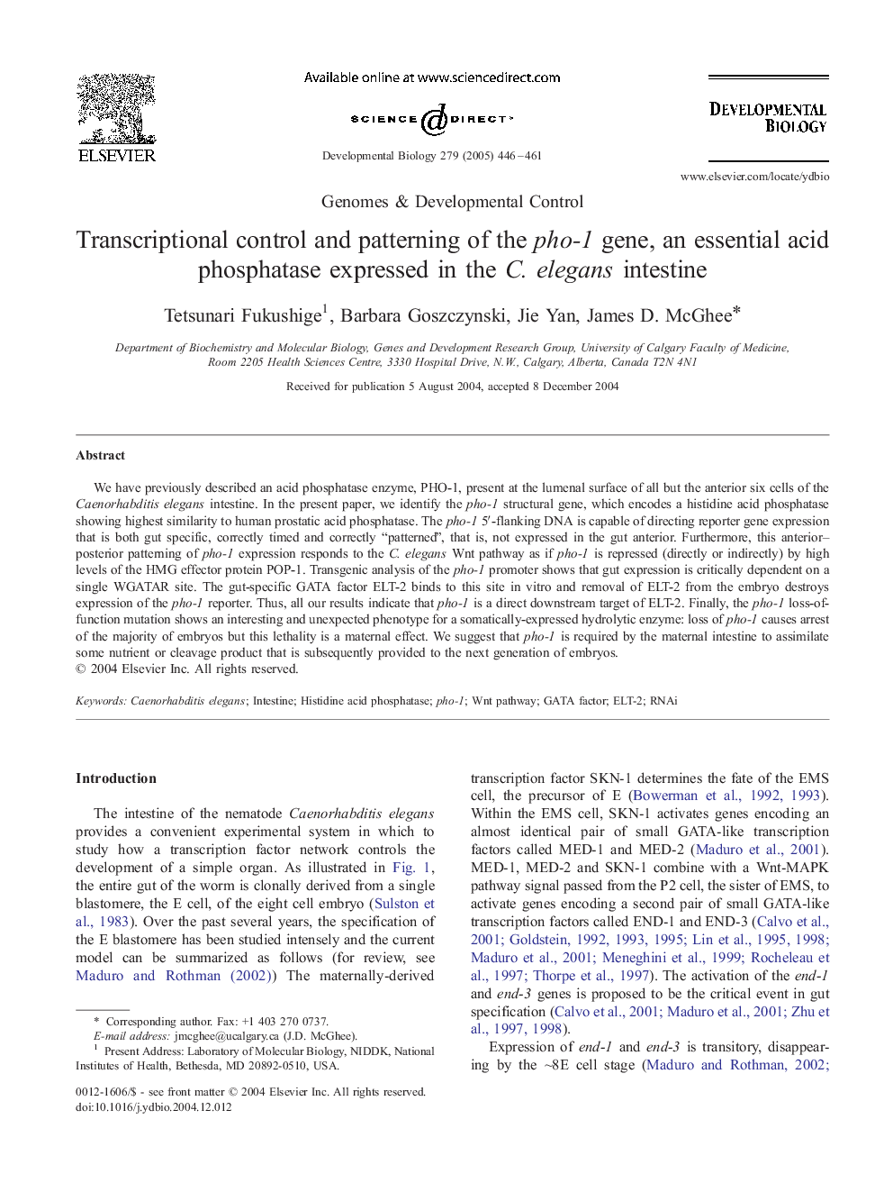 Transcriptional control and patterning of the pho-1 gene, an essential acid phosphatase expressed in the C. elegans intestine