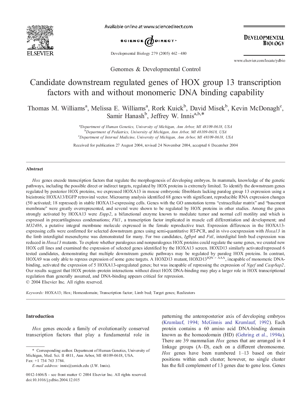 Candidate downstream regulated genes of HOX group 13 transcription factors with and without monomeric DNA binding capability