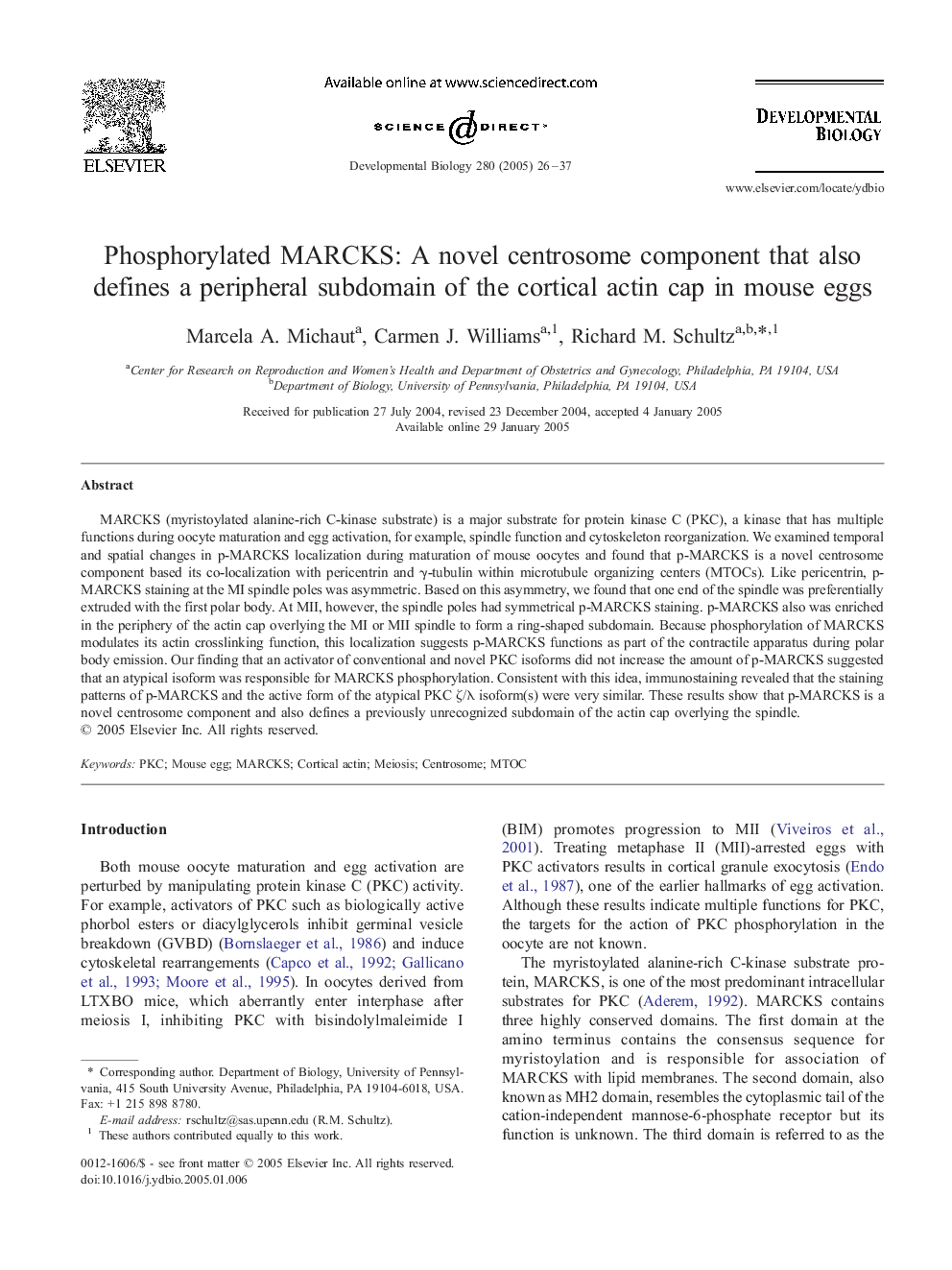 Phosphorylated MARCKS: A novel centrosome component that also defines a peripheral subdomain of the cortical actin cap in mouse eggs