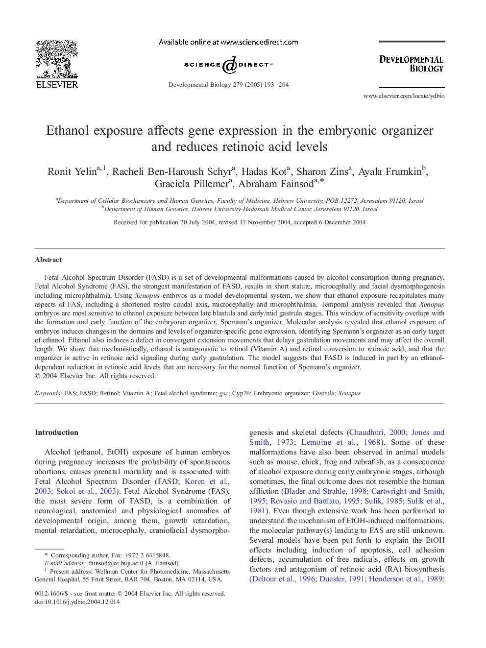 Ethanol exposure affects gene expression in the embryonic organizer and reduces retinoic acid levels