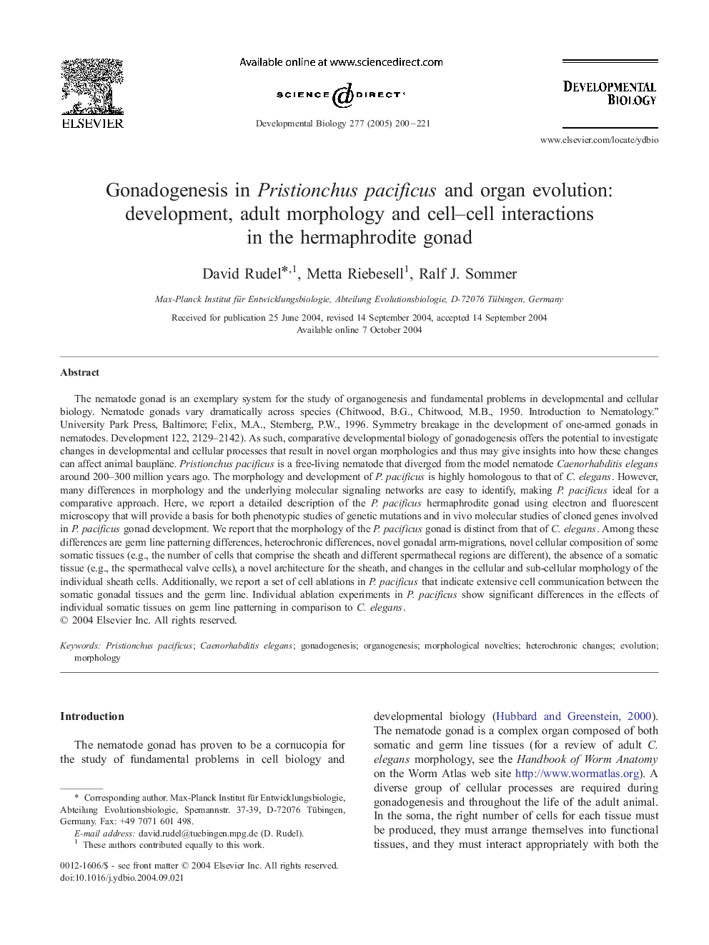 Gonadogenesis in Pristionchus pacificus and organ evolution: development, adult morphology and cell-cell interactions in the hermaphrodite gonad