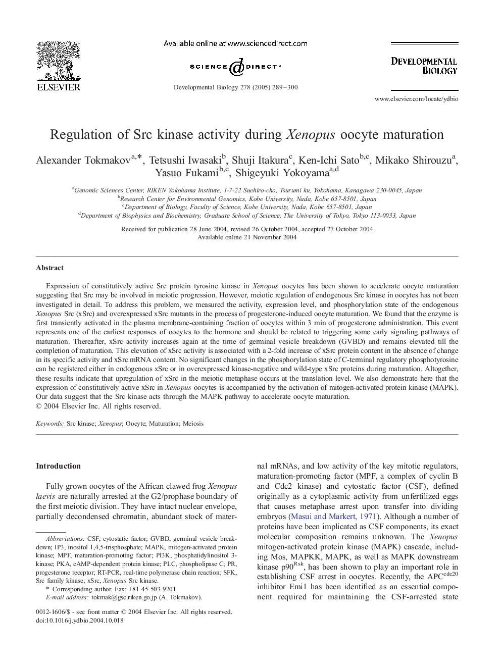 Regulation of Src kinase activity during Xenopus oocyte maturation