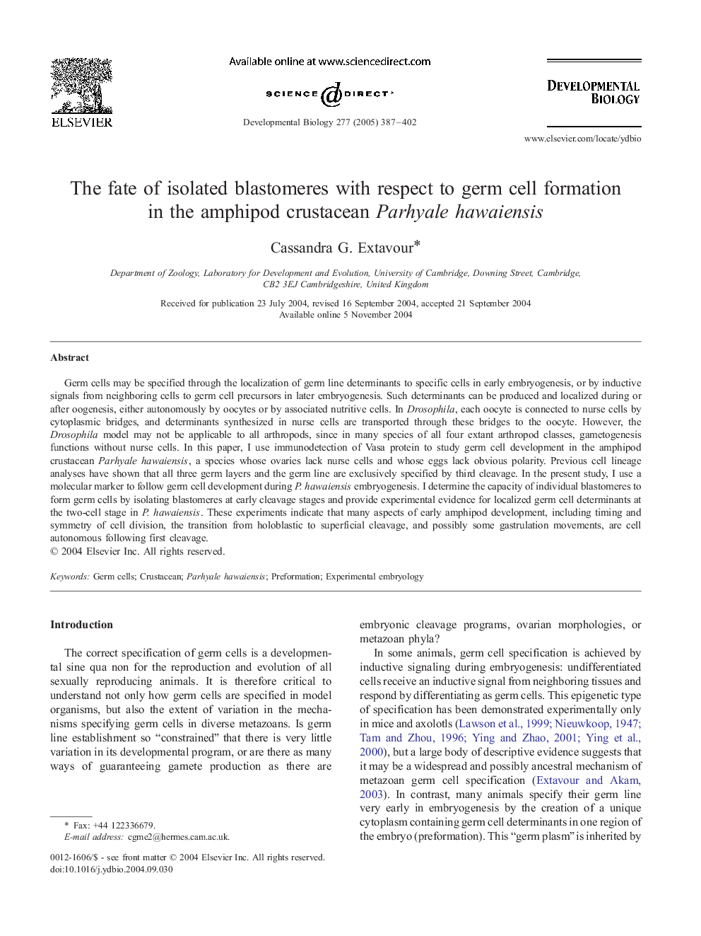 The fate of isolated blastomeres with respect to germ cell formation in the amphipod crustacean Parhyale hawaiensis