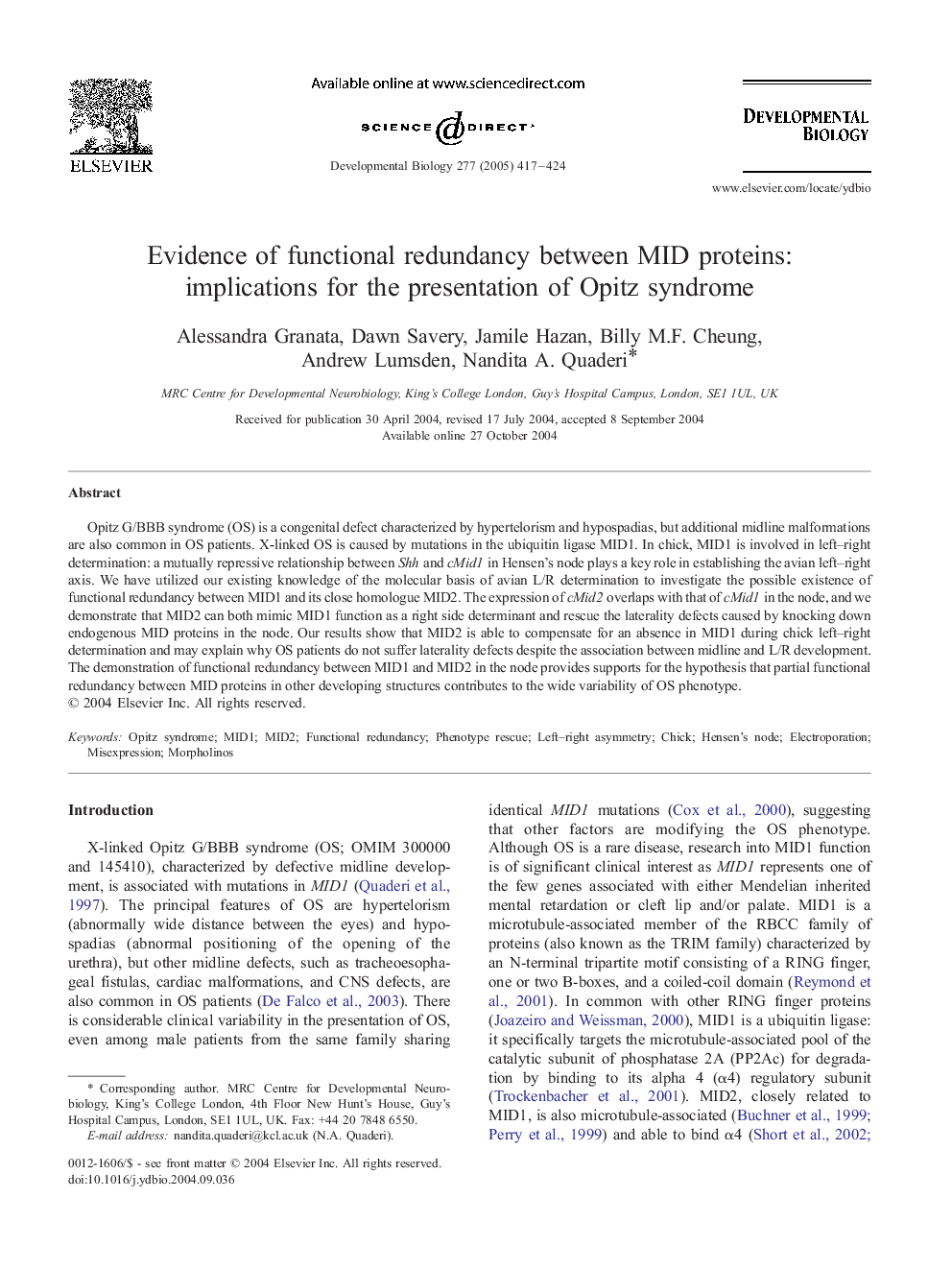 Evidence of functional redundancy between MID proteins: implications for the presentation of Opitz syndrome