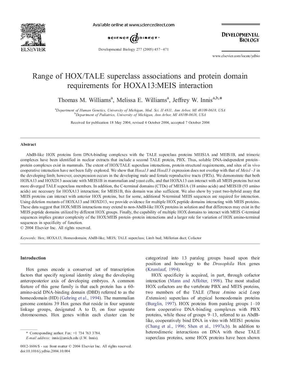 Range of HOX/TALE superclass associations and protein domain requirements for HOXA13:MEIS interaction