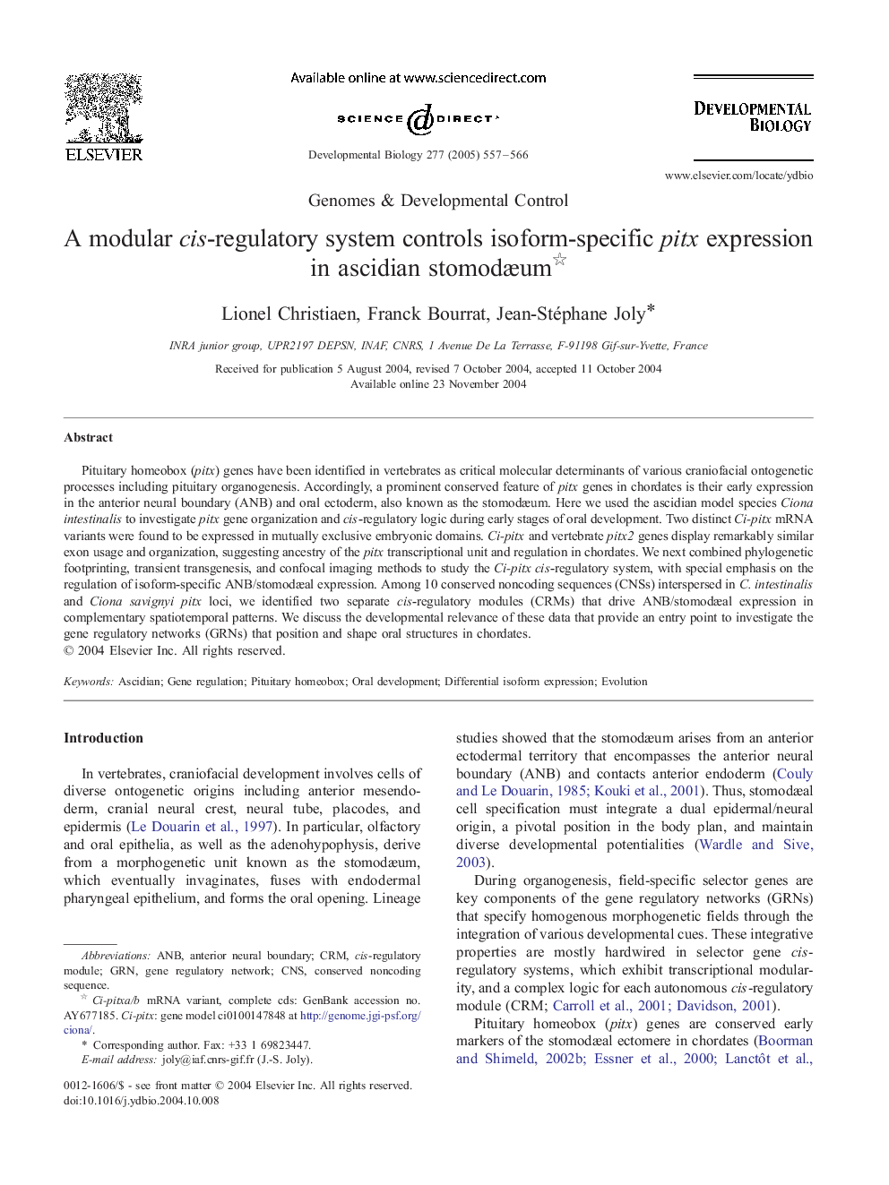 A modular cis-regulatory system controls isoform-specific pitx expression in ascidian stomodÃ¦um