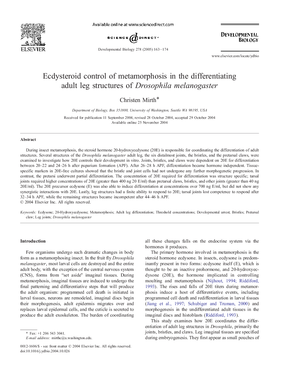 Ecdysteroid control of metamorphosis in the differentiating adult leg structures of Drosophila melanogaster