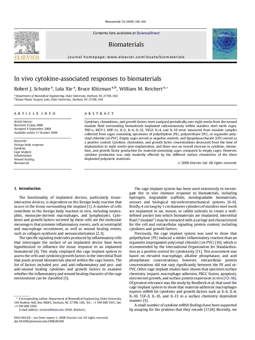 In vivo cytokine-associated responses to biomaterials