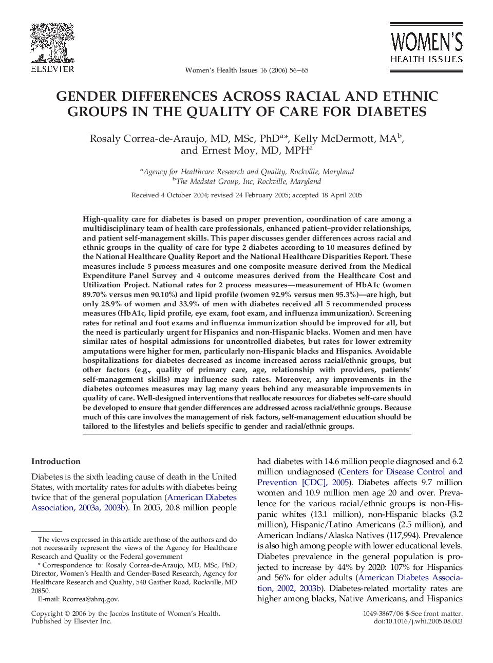 Gender differences across racial and ethnic groups in the quality of care for diabetes 