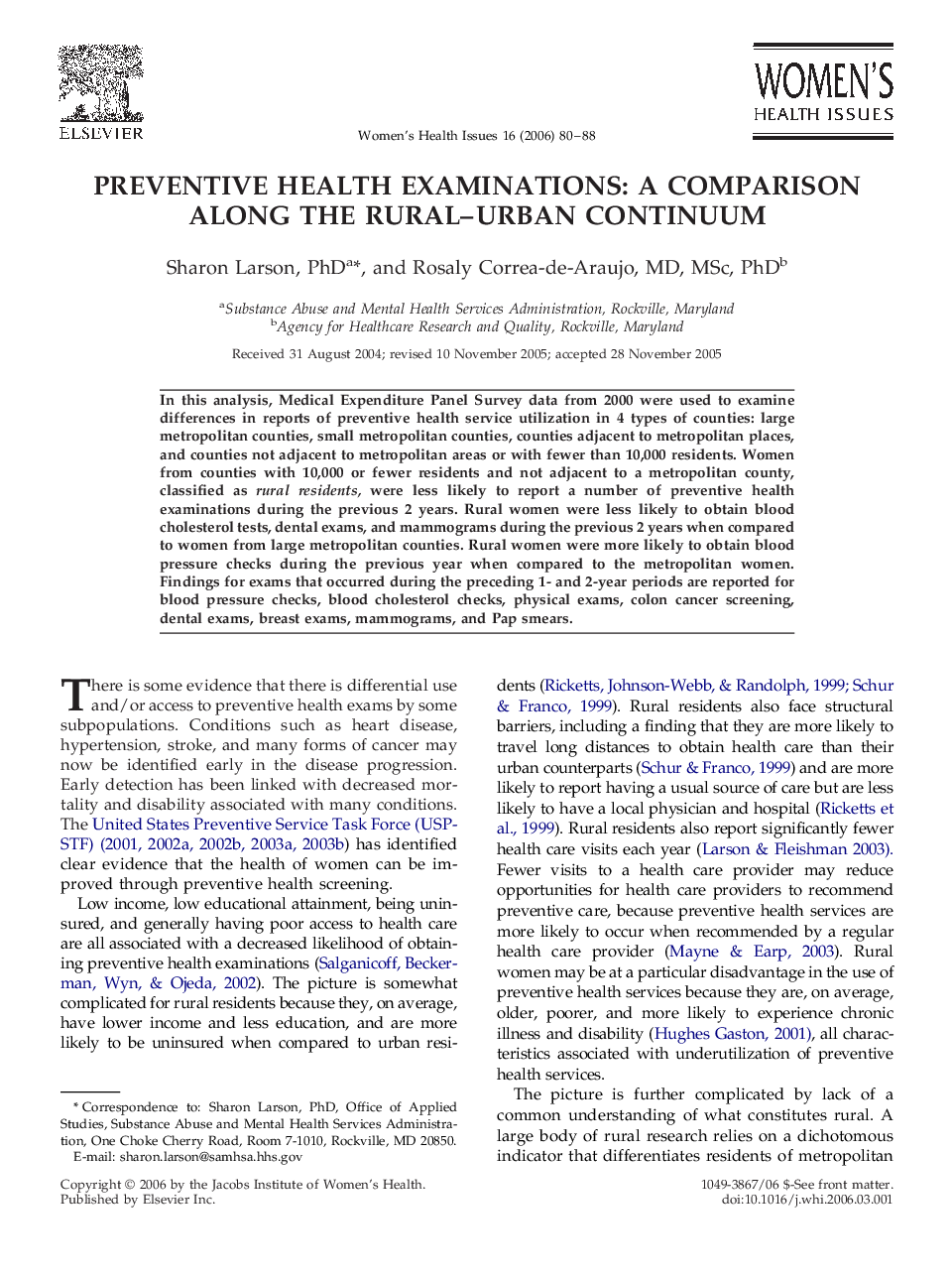 Preventive health examinations: A comparison along the rural–urban continuum