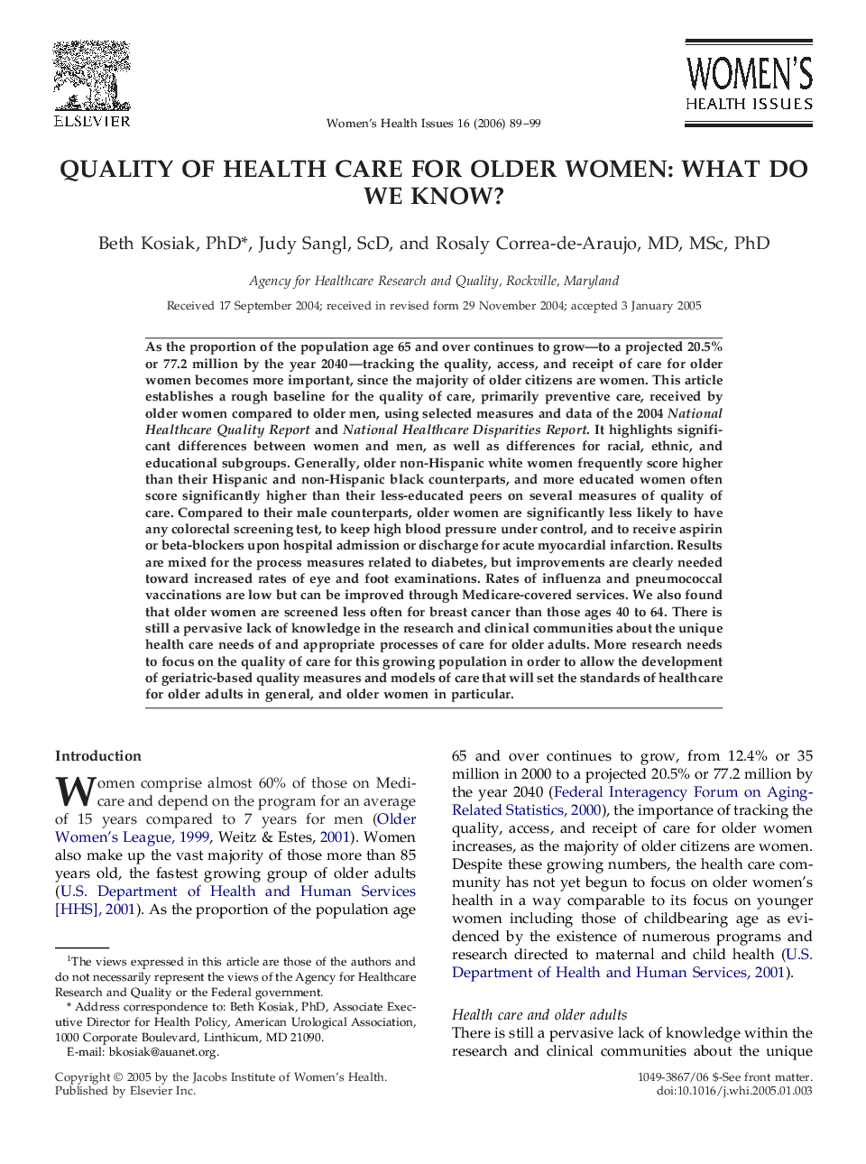 Quality of health care for older women: What do we know? 1