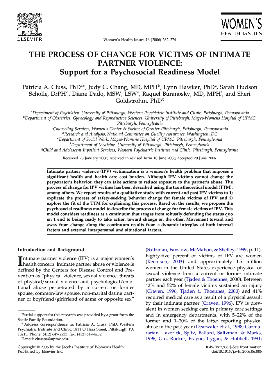 The process of change for victims of intimate partner violence : Support for a Psychosocial Readiness Model