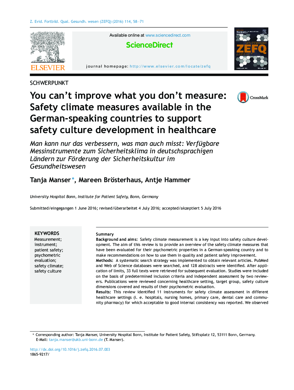 You can’t improve what you don’t measure: Safety climate measures available in the German-speaking countries to support safety culture development in healthcare