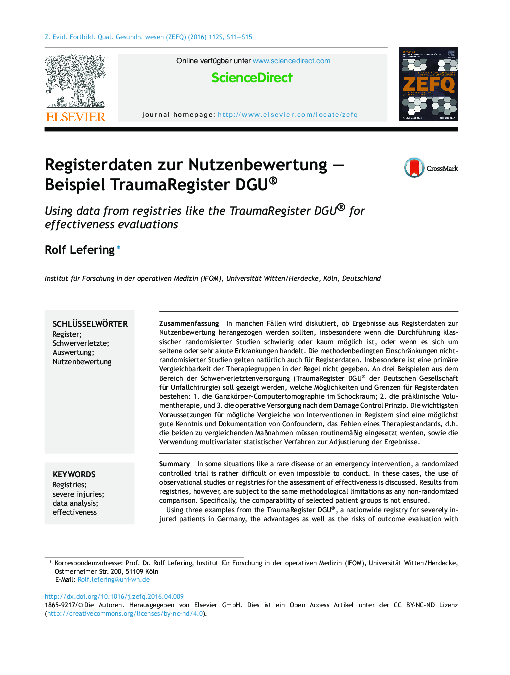 Registerdaten zur Nutzenbewertung – Beispiel TraumaRegister DGU®
