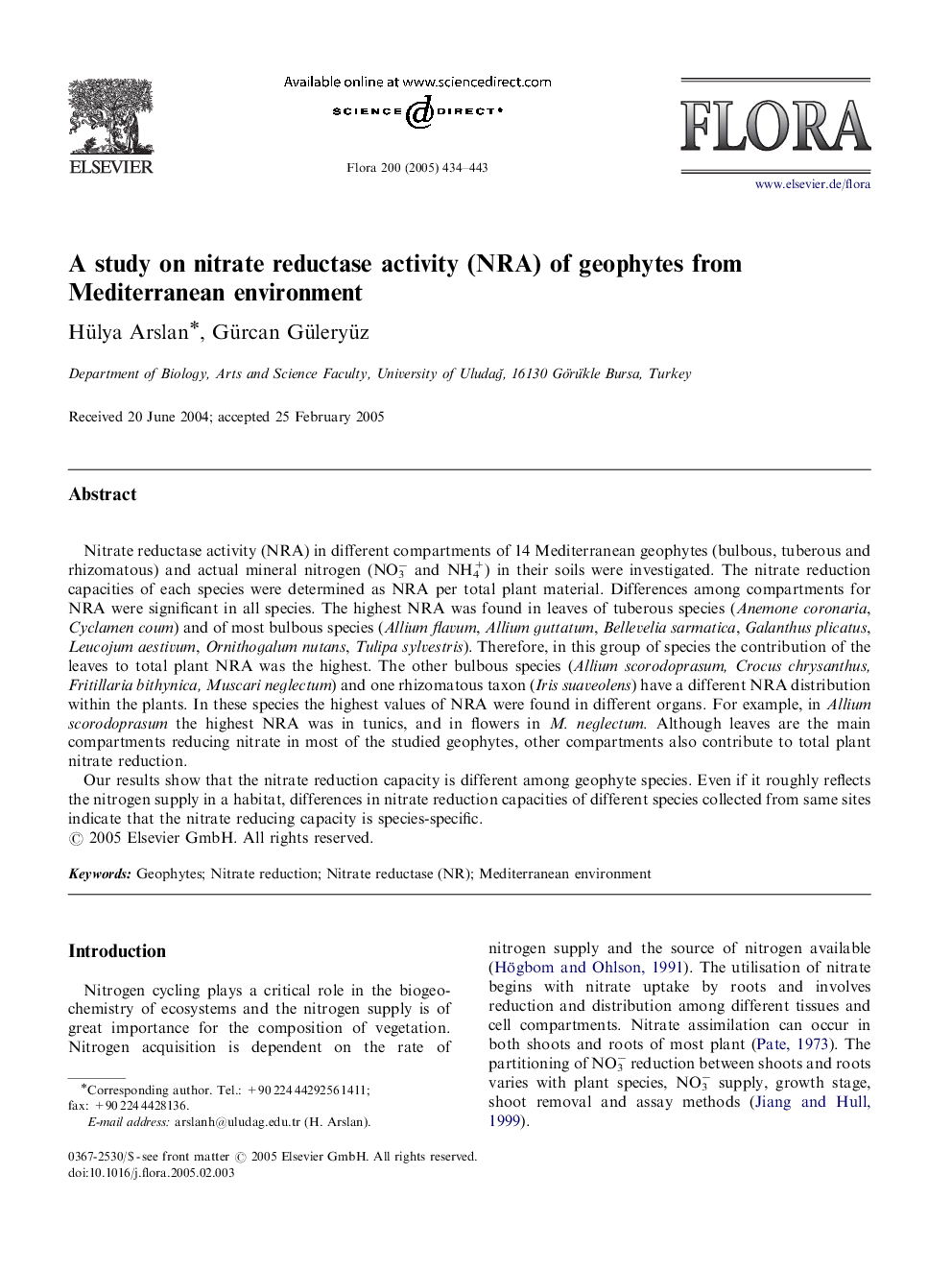 A study on nitrate reductase activity (NRA) of geophytes from Mediterranean environment