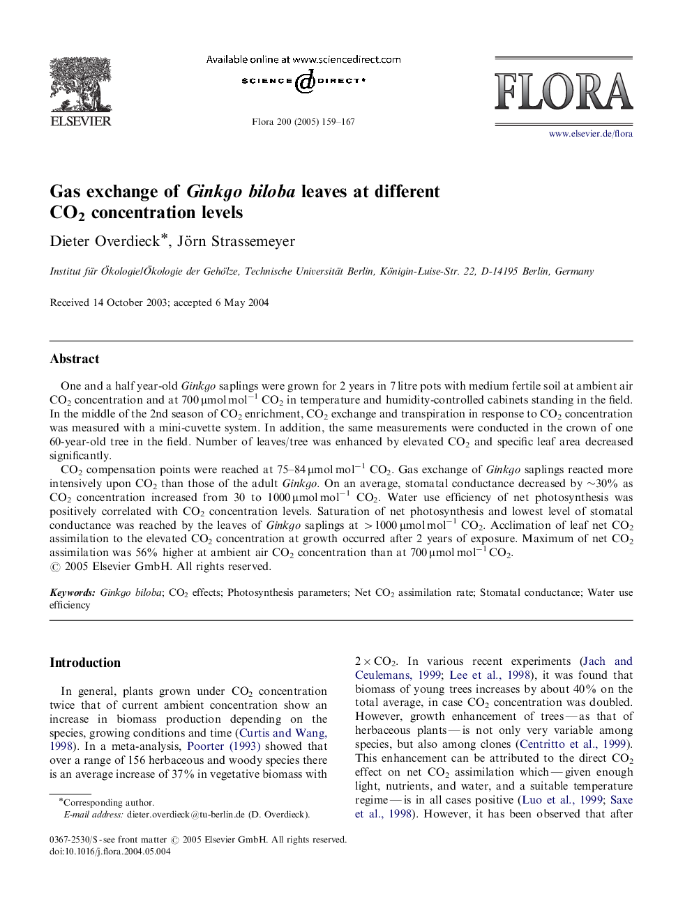 Gas exchange of Ginkgo biloba leaves at different CO2 concentration levels