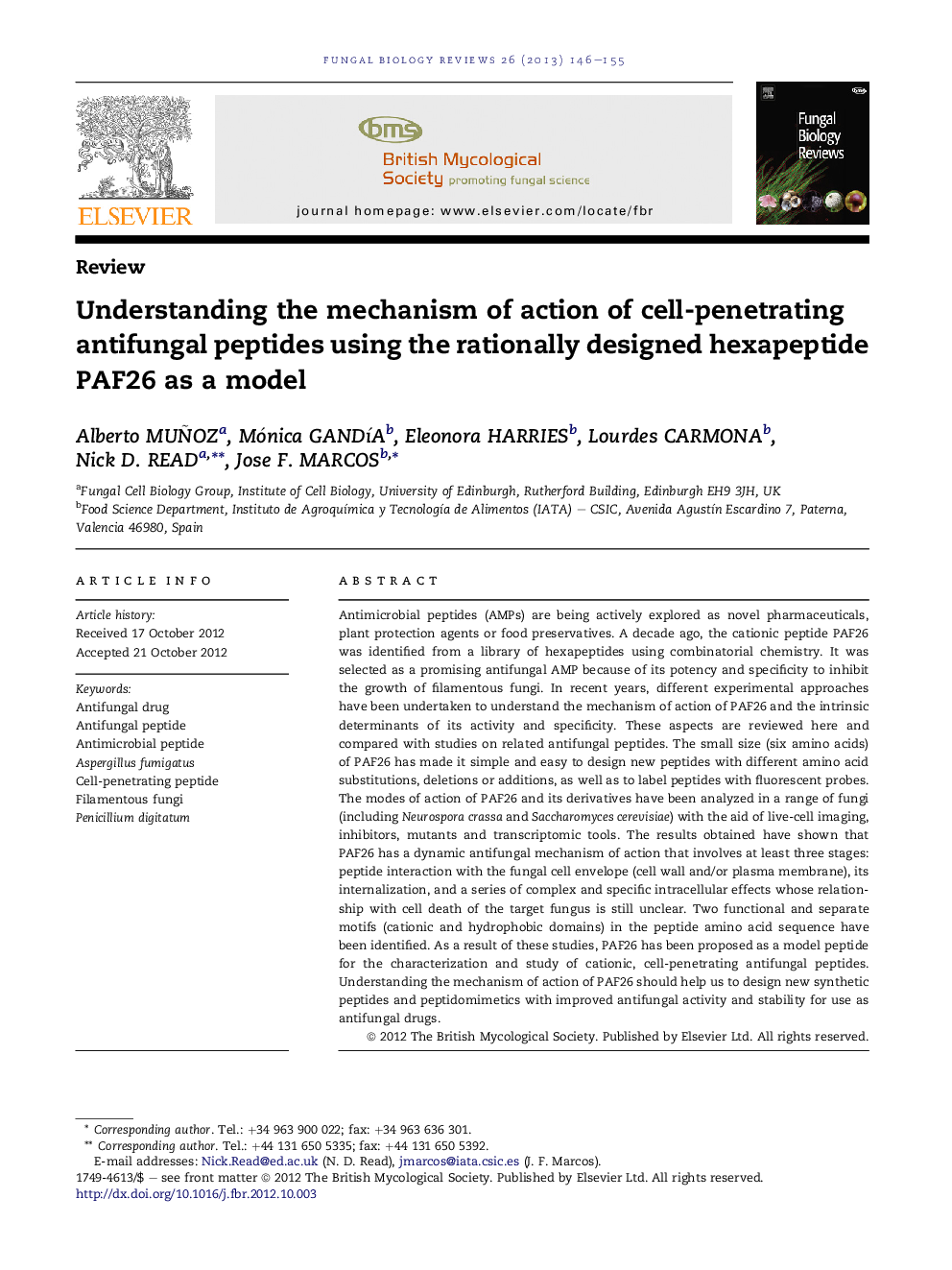 Understanding the mechanism of action of cell-penetrating antifungal peptides using the rationally designed hexapeptide PAF26 as a model