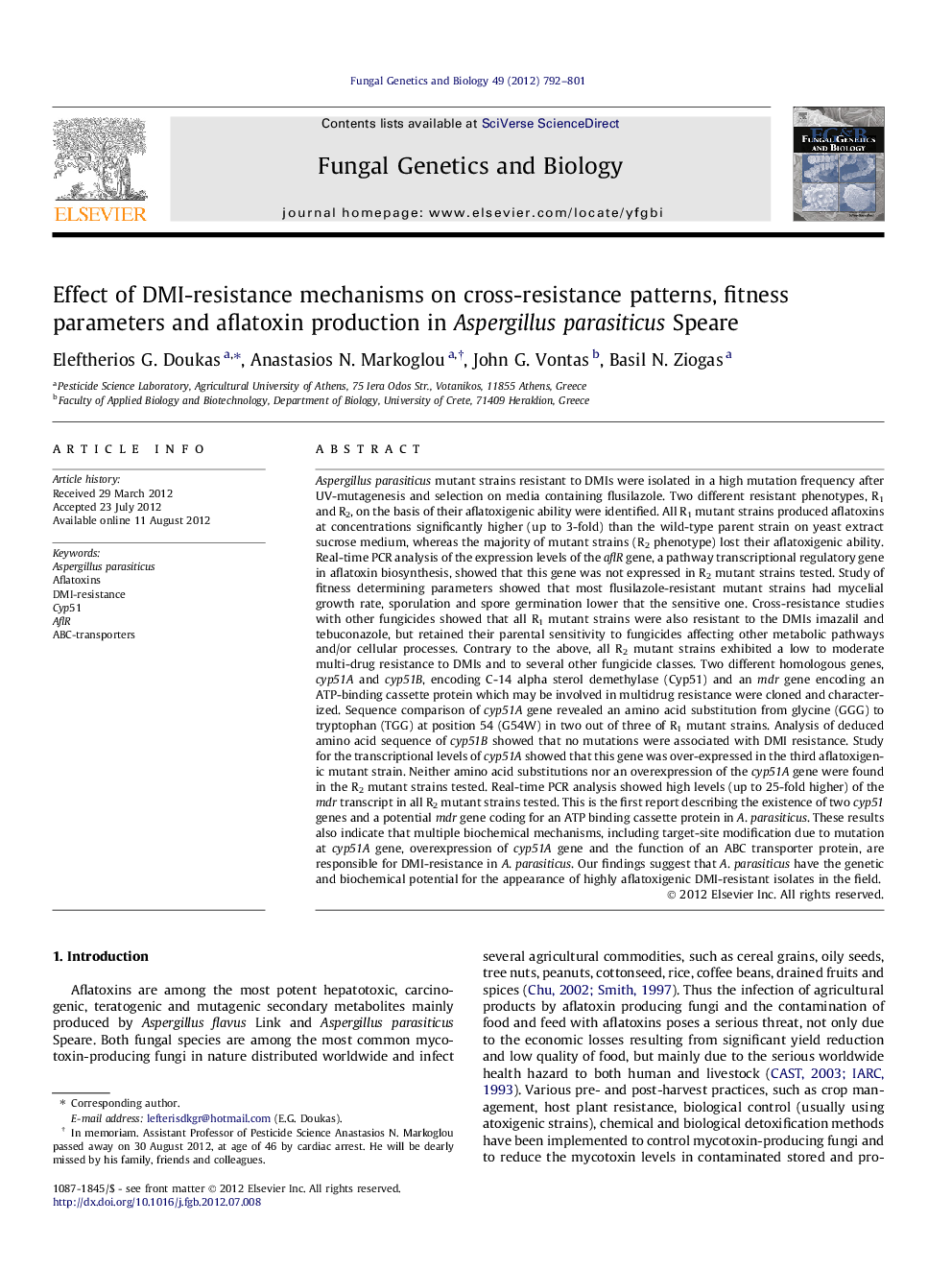 Effect of DMI-resistance mechanisms on cross-resistance patterns, fitness parameters and aflatoxin production in Aspergillus parasiticus Speare