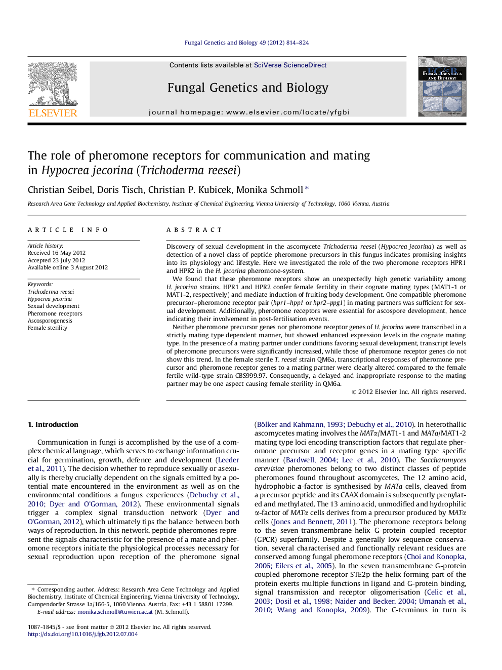 The role of pheromone receptors for communication and mating in Hypocrea jecorina (Trichoderma reesei)