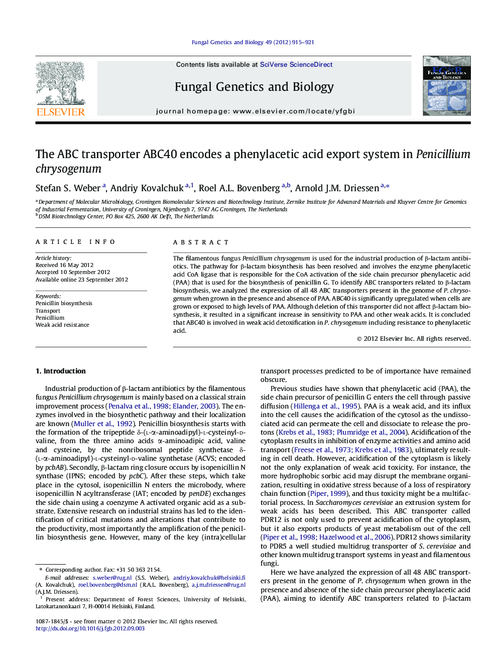 The ABC transporter ABC40 encodes a phenylacetic acid export system in Penicillium chrysogenum