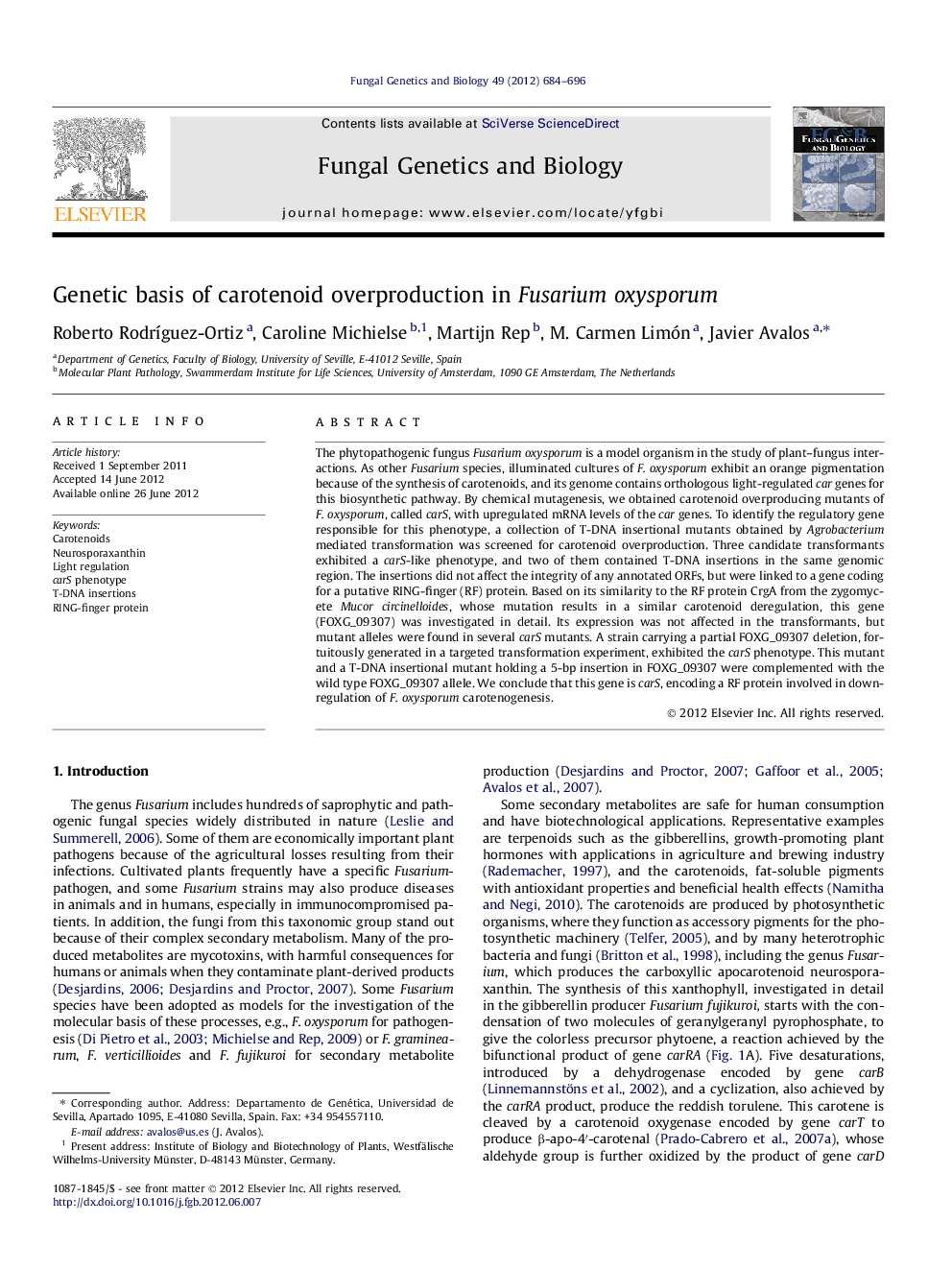 Genetic basis of carotenoid overproduction in Fusarium oxysporum