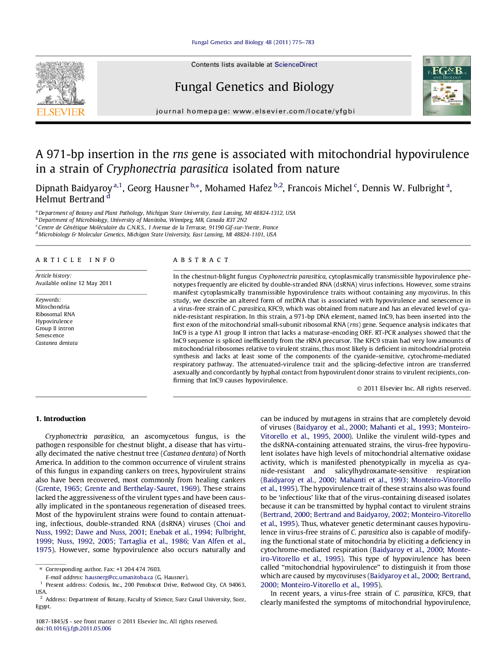 A 971-bp insertion in the rns gene is associated with mitochondrial hypovirulence in a strain of Cryphonectria parasitica isolated from nature