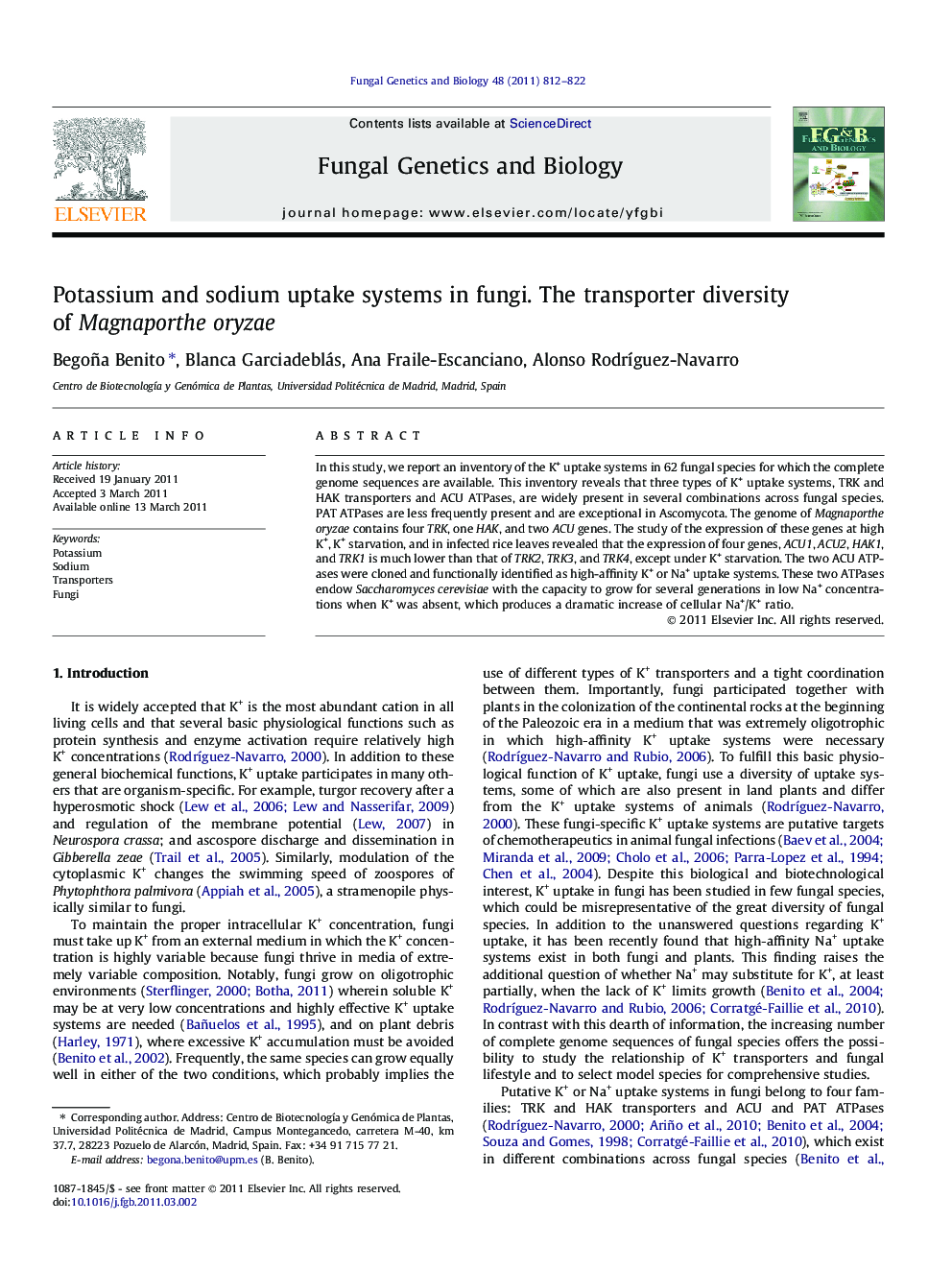 Potassium and sodium uptake systems in fungi. The transporter diversity of Magnaporthe oryzae