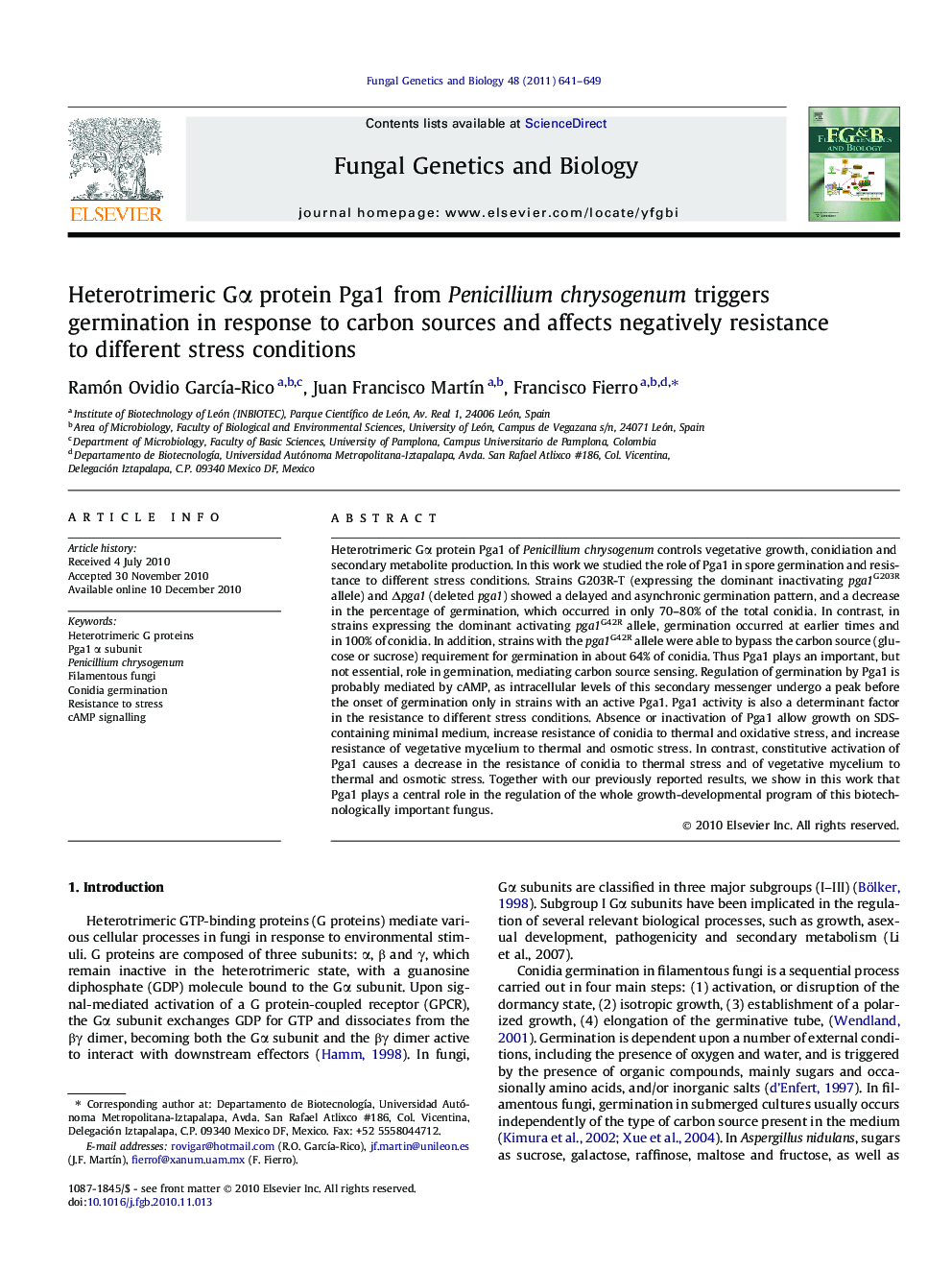 عکس صفحه اول مقاله: Heterotrimeric Gα protein Pga1 from Penicillium chrysogenum triggers germination in response to carbon sources and affects negatively resistance to different stress conditions Heterotrimeric Gα protein Pga1 from Penicillium chrysogenum triggers germination in response to carbon sources and affects negatively resistance to different stress conditions